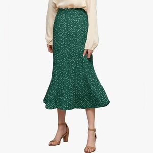 High Waist Polka Dot Pleated Midi Swing Skirt with Pockets -green